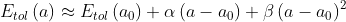 E_{tol}\left ( a \right )\approx E_{tol}\left ( a_{0} \right )+\alpha \left ( a-a_{0} \right )+\beta \left ( a-a_{0} \right )^{2}