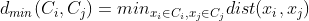 d_{min}(C_i,C_j) = min_{x_i \in C_i, x_j \in C_j} dist(x_i,x_j)