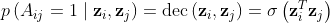 p\left(A_{i j}=1 \mid \mathbf{z}_{i}, \mathbf{z}_{j}\right)=\operatorname{dec}\left(\mathbf{z}_{i}, \mathbf{z}_{j}\right)=\sigma\left(\mathbf{z}_{i}^{T} \mathbf{z}_{j}\right)