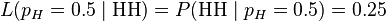 L(p_{H}=0.5\mid {\mbox{HH}})=P({\mbox{HH}}\mid p_{H}=0.5)=0.25