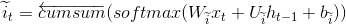 \widetilde{i}_t = \overleftarrow{cumsum}(softmax(W_{\widetilde{i}}x_t + U_{\widetilde{i}}h_{t-1} + b_{\widetilde{i}}))