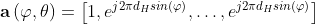 \mathbf{a}\left(\varphi,\theta\right)=\left[1,e^{j2\pi d_{H}sin(\varphi)},\ldots,e^{j2\pi d_{H}sin(\varphi)}\right]