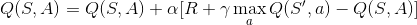 Q(S,A) =Q(S,A) + \alpha[R +\gamma\max_aQ(S',a) -Q(S,A)]