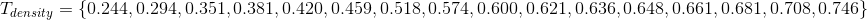 T_{density}=\left \{ 0.244,0.294,0.351,0.381,0.420,0.459,0.518,0.574,0.600,0.621,0.636,0.648,0.661,0.681,0.708,0.746 \right \}