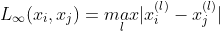 L_\infty (x_i,x_j)=\underset{l}{max}|x_i^{(l)}-x_j^{(l)}|