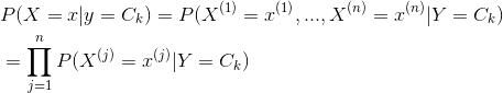 \begin{align*} &P(X=x|y=C_k) = P(X^{(1)}=x^{(1)},...,X^{(n)}=x^{(n)}|Y=C_k) \\ & =\prod_{j=1}^{n}P(X^{(j)}=x^{(j)}|Y=C_k) \end{align*}