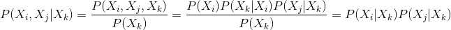 P(X_i,X_j|X_k) = \frac {P(X_i,X_j,X_k)}{P(X_k)} =\frac{P(X_i)P(X_k|X_i)P(X_j|X_k)}{P(X_k)} =P(X_i|X_k)P(X_j|X_k)