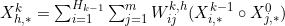 X_{h,*}^k=\sum_{i=1}^{H_{k-1}}\sum_{j=1}^mW_{ij}^{k,h}(X_{i,*}^{k-1}\circ X_{j,*}^0)