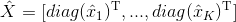 \hat X = [diag{({\hat x_1})^{\rm{T}}},...,diag{({\hat x_K})^{\rm{T}}}]