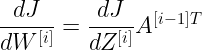 \large \frac{dJ}{dW^{[i]}}=\frac{dJ}{dZ^{[i]}}A^{[i-1]T}