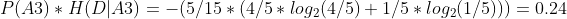 P(A3) * H(D|A3) = - ( 5/15 * ( 4/5 * log_{2}(4/5) + 1/5 * log_{2}(1/5) ) ) = 0.24