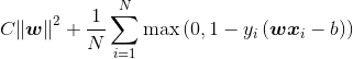 C{\left\| \boldsymbol{w} \right\|^2} + \frac{1}{N}\mathop {\mathop \sum \limits_{i = 1} }\limits^N {\rm{max}}\left( {0,1 - {y_i}\left( {\boldsymbol{w}{\boldsymbol{x}_i} - b} \right)} \right)