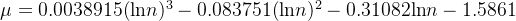 \mu =0.0038915(\mathrm{ln } n)^{3}-0.083751(\mathrm{ln } n)^{2}-0.31082\mathrm{ln } n-1.5861