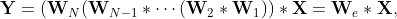 \mathbf {Y} = (\mathbf {W}_N (\mathbf {W}_{N-1} \ast \cdots (\mathbf {W}_2 \ast \mathbf {W}_1)) \ast \mathbf {X} = \mathbf {W}_e \ast \mathbf {X},