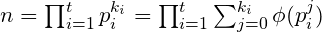 n=\prod_{i=1}^{t}p_i^{k_i}=\prod_{i=1}^{t}\sum_{j=0}^{k_i}\phi(p_i^j)