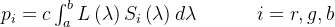 p_{i}=c\int_{a}^{b}L\left ( \lambda \right )S_{i}\left ( \lambda \right )d\lambda \; \; \; \; \; \; \; \; \; \; \; i=r,g,b