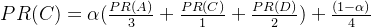 PR(C) = \alpha (\frac{PR(A)}{3} + \frac{PR(C)}{1} + \frac{PR(D)}{2}) + \frac{(1-\alpha )}{4}