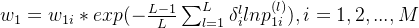 w_1=w_{1i}*exp(-\frac{L-1}{L}\sum_{l=1}^{L}\delta _{i}^{l}lnp_{1i}^{(l)}), i =1,2,...,M