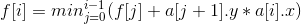 f[i] = min_{j=0}^{i-1}(f[j]+a[j+1].y*a[i].x)