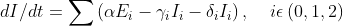 dI/dt = \sum \left ( \alpha E_{i} - \gamma_{i} I_{i} -\delta_{i} I_{i} \right),\: \: \: \: \: i\epsilon \left ( 0, 1, 2 \right )