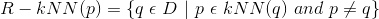 R-kNN(p) = \{q \ \epsilon \ D \ |\ p\ \epsilon \ kNN(q)\ and \ p \neq q\}