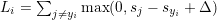 \small L_i = \sum_{j\neq y_i} \max(0, s_j - s_{y_i} + \Delta)