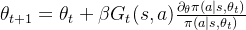 \theta_{t+1}=\theta_{t} + \beta G_t(s,a) \frac{\partial_{\theta}\pi(a|s,\theta_t)}{\pi(a|s,\theta_t)}