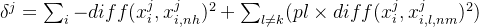 \delta ^j = \sum _i -diff(x_i^j, x_{i,nh}^j)^2 +\sum_{l\neq k} (pl \times diff(x_i^j, x_{i,l,nm}^j)^2 )