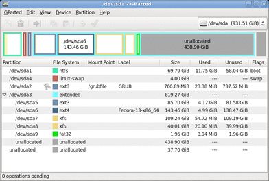 屏幕截图显示用于处理分区的 gparted 工具的图形化界面