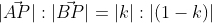 |\vec{AP}| : |\vec{BP}| = |k|:|(1-k)|