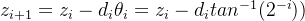 \small z_{i+1}=z_{i}-d_{i}\theta _{i}=z_{i}-d_{i}tan^{-1}(2^{-i}))