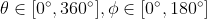 \theta\in[0^\circ,360^\circ],\phi\in[0^\circ,180^\circ]