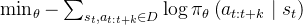 \min _{\theta}-\sum_{s_{t}, a_{t: t+k} \in D} \log \pi_{\theta}\left(a_{t: t+k} \mid s_{t}\right)