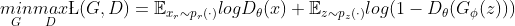 \underset{G}{min}\underset{D}{max}\L (G,D) = \mathbb{E}_{x_{r}\sim p_{r}(\cdot )} logD_{\theta }(x) + \mathbb{E}_{z \sim p_{z}(\cdot )} log( 1- D_{\theta }(G_{\phi }(z)) )