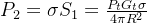 P_{2}=\sigma S_{1}=\frac{P_{t}G_{t}\sigma }{4\pi R^{2}}