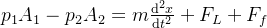 p_{1} A_{1}-p_{2} A_{2} =m\frac{\mathrm{​{d^2}} x}{\mathrm{d} t^2} +F_{L} +F_{f}