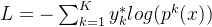 L=-\sum_{k=1}^{K}y_{k}^{*}log(p^{k}(x))