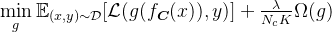 \min\limits_g \mathbb{E}_{(x,y)\sim \mathcal{D}}[\mathcal{L}(g(f_{\boldsymbol{C}}(x)),y)]+\frac{\lambda }{N_cK}\Omega (g)