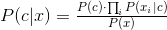 P(c|x) = \tfrac{P(c)\cdot \prod _{i}P(x_{i}|c)}{P(x)}