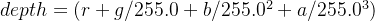 depth = (r + g / 255.0 + b/255.0^{2} + a/255.0^{3})