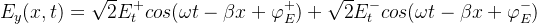 E_{y}(x,t)=\sqrt{2} E_t^{+}cos(\omega t-\beta x+\varphi_E^{+})+\sqrt{2} E_t^{-}cos(\omega t-\beta x+\varphi_E^{-})