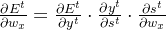 \frac{\partial E^{t}}{\partial w_{x}}=\frac{\partial E^{t}}{\partial y^{t}}\cdot\frac{\partial y^{t}}{\partial s^{t}}\cdot \frac{\partial s^{t}}{\partial w_{x}}