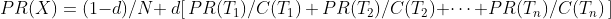 PR(X)=(1-d)/N +\ d[ \, PR(T_{1})/C(T_{1}) \, + \, PR(T_{2})/C(T_{2}) + \cdots \, + PR(T_{n})/C(T_{n}) \, ]