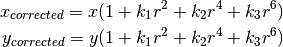 x_{corrected} = x( 1 + k_1 r^2 + k_2 r^4 + k_3 r^6) \\
y_{corrected} = y( 1 + k_1 r^2 + k_2 r^4 + k_3 r^6)