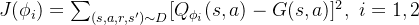 J(\phi_i )=\sum_{(s,a,r,s')\sim D} [Q_{\phi_i }(s,a) - G(s,a)]^2,\ i=1,2