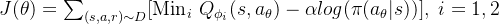 J(\theta)=\sum_{(s,a,r)\sim D} [\text{Min}_i\ Q_{\phi_i }(s,a_\theta )-\alpha log(\pi(a_\theta|s))],\ i=1,2