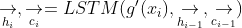 \underset{h_i}{\rightarrow},\underset{c_i}{\rightarrow}=LSTM(g'(x_i),\underset{h_{i-1}}{\rightarrow},\underset{c_{i-1}}{\rightarrow})