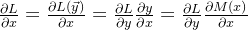 \frac{\partial L}{\partial x} = \frac{\partial L(\vec{y})}{\partial x} = \frac{\partial L}{\partial y}\frac{\partial y}{\partial x}= \frac{\partial L}{\partial y}\frac{\partial M(x)}{\partial x}