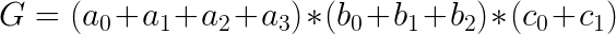 \LARGE G=(a_{0}+ a_{1}+ a_{2}+ a_{3})* (b_{0}+ b_{1}+ b_{2})* (c_{0}+ c_{1})