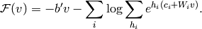 \mathcal{F}(v)= - b'v - \sum_i \log \sum_{h_i} e^{h_i (c_i + W_i v)}.